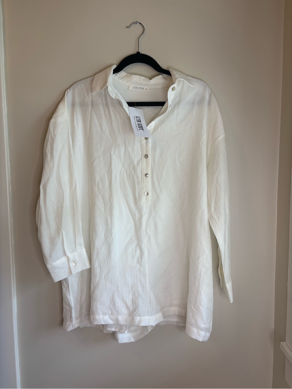 12th Tribe Relaxed Button-Front Long Sleeve Shirt - White
